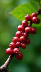 Obraz premium Red coffee cherries ready for harvest on branch, crop, nature, photography