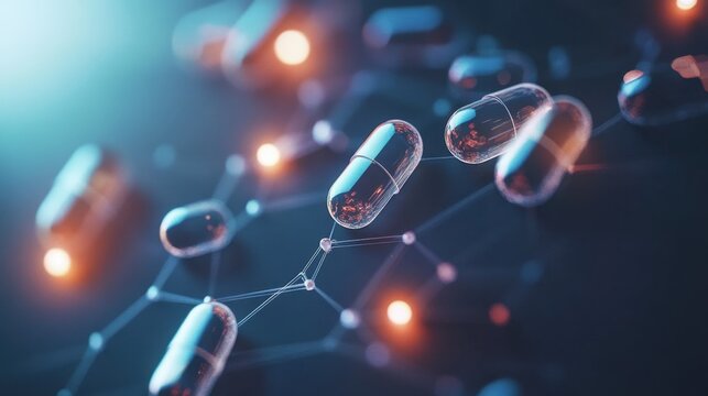 A futuristic pharma biotech concept with glowing molecules and AI-powered analytics.