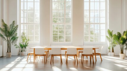 Obraz premium Minimalist dining table and chairs in bright airy office interior with white walls and natural light