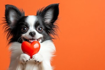 Fototapeta premium Papillon - my desired dog. Cute papillon hound with furry friend toy red heart - sign of love, funny greeting card. Marketing concept art. Dog heartwarming poses. Romantic pets. Love animals.