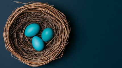 Obraz premium Teal Easter Eggs Nestled in Rustic Bird Nest (1)