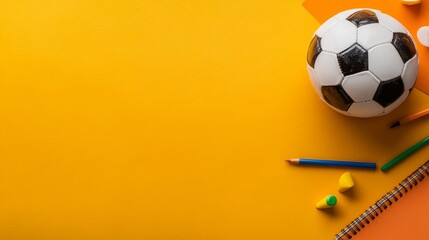 A single soccer ball rests on a bright yellow and orange background, surrounded by scattered cones and playful props, inviting energy and creativity