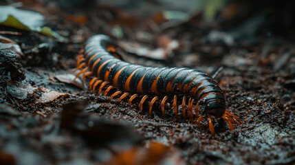 Obraz premium Bright Orange and Black Striped Centipede on Ground Surrounded by Leaves and Dirt