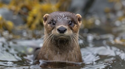 A curious otter emerging from the water, surrounded by kelp, showcasing its playful nature