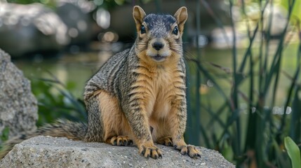 A curious squirrel perched on a rock near a serene pond surrounded by lush greenery