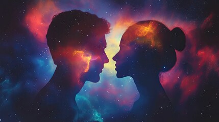 Obraz premium A romantic couple's profile silhouettes blending into a radiant