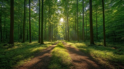 Naklejka premium Pathway through lush green forest surrounded by tall spruce trees in a serene natural environment