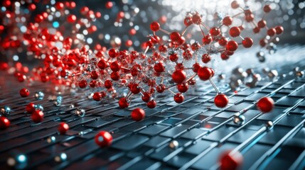 A futuristic visualization of nanomaterials with quantum energy waves flowing across a techy backdrop.