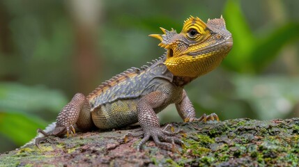 Close-up of a vibrant lizard perched on a mossy log in a lush green forest setting