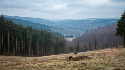 Scenic view of a forested valley with wildlife foraging in a serene landscape during overcast weather