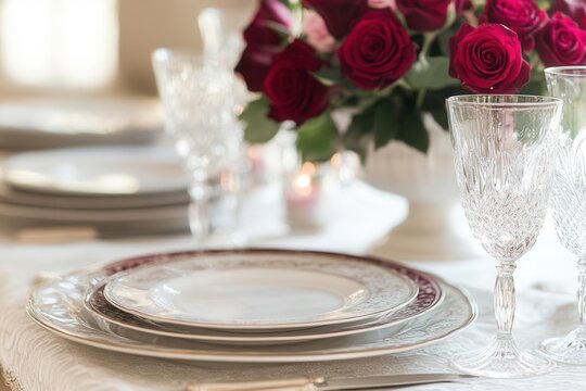 intimate valentine's dinner setting with crystal stemware, burgundy roses, flickering candlelight creating romantic ambiance