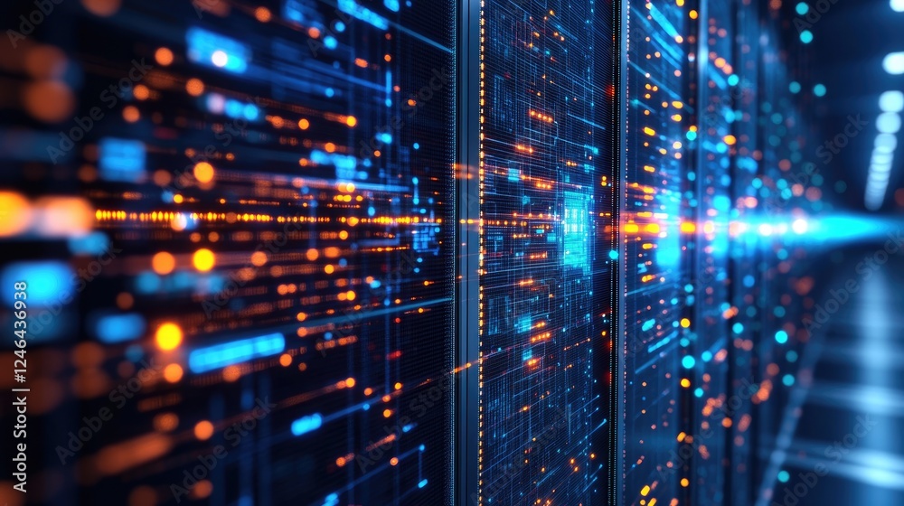 Poster futuristic ai supercomputer with glowing circuits and neural network patterns.