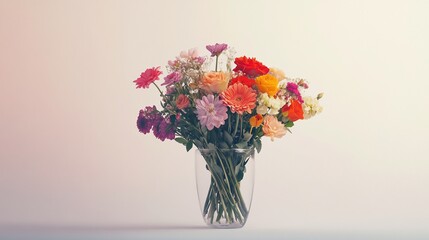 Colorful flower bouquet in a glass vase on a light background.