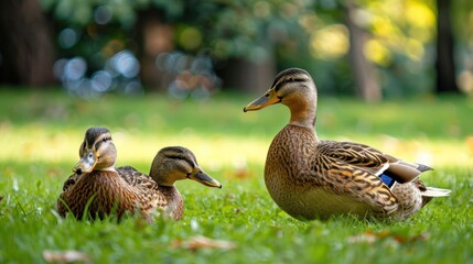 Three ducks resting on green grass in a serene park, with blurred trees in the background