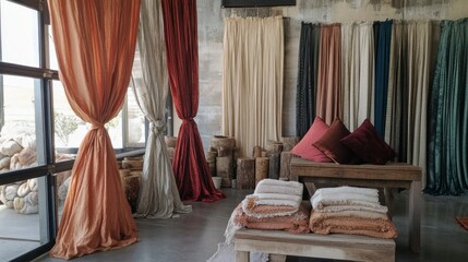 Vibrant silk drapes and raw cotton displayed in modern interior textile showcase minimalist environment