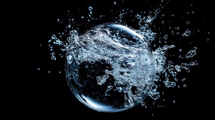 Liquid sphere explosion, captivating water droplets frozen in time against black