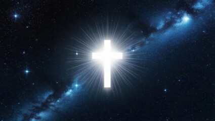 Christ prayer eternity. A bright cross shines in a starry cosmic backdrop, symbolizing faith and spirituality amidst the vastness of the universe.