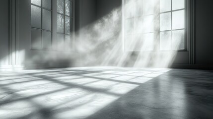 Obraz premium Sunbeams illuminate empty room, dust motes dance