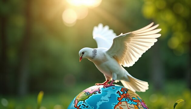 White dove perched on a globe, symbolizing peace and harmony with a soft background light during golden hour