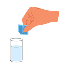 Hand poures powder pack with falling crystals into water.
Sachet with medicine powder from virus