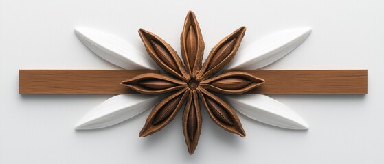A wooden star anise flower with a brown center and white petals.