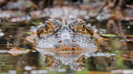 Close-up of a crocodile partially submerged in a tranquil water setting surrounded by foliage
