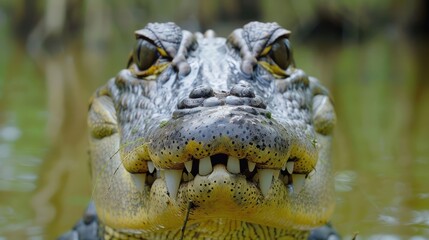 Obraz premium Close-up of a crocodile's head emerging from water, showcasing its sharp teeth and textured skin