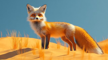 Obraz premium Desert Fox Vigil: A striking red fox with a thick, luxurious coat stands alert amidst the golden dunes of a desert landscape, its gaze intense and captivating. 