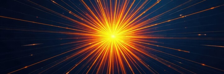 Obraz premium Radial sunburst pattern with concentric yellow and orange stripes against a dark blue background, radiant elements , futuristic designs, dynamic compositions