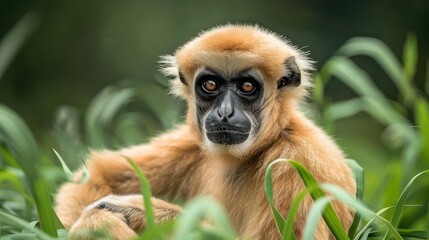 Obraz premium Close-up of a gibbon resting in lush green grass, showcasing its expressive eyes and serene demeanor