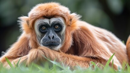 Obraz premium Close-up of a contemplative primate resting on grass, surrounded by a lush, blurred background