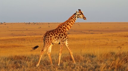 Fototapeta premium Majestic giraffe walking gracefully across the golden savannah at sunset, showcasing nature's beauty