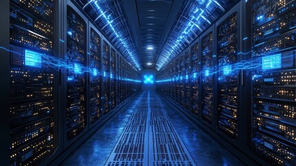 Abstract Blue Data Streams In Dark Server Room