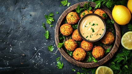 Crispy Arancini Balls with Creamy Sauce on Rustic Wooden Tray
