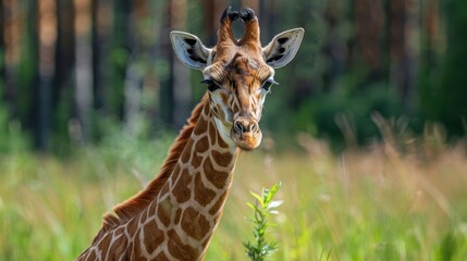 Obraz premium A majestic giraffe stands gracefully amidst lush greenery in a serene forest setting