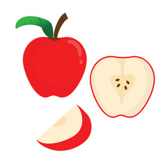 Red apple fruit in whole and slice object set illustration vector. Healthy vegetarian snack food fruit.