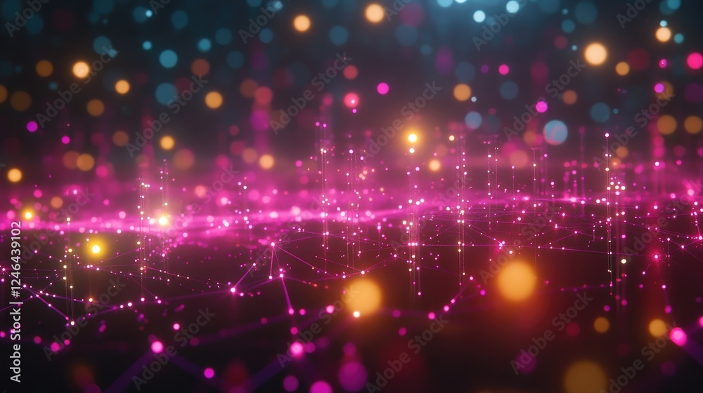 Poster glowing bitcoin coin with digital blockchain network connections in a futuristic background.