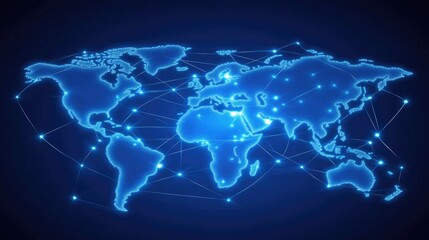 Global business network represented by interconnected glowing lines and digital dots.