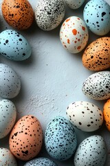 Minimalist Easter Eggs with Speckled Patterns on a Light Blue Background