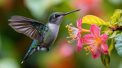 Naklejka premium Hummingbird and Flower: A vibrant hummingbird hovers near a bright pink flower, wings blurred in motion, showcasing the beauty of nature's delicate dance.