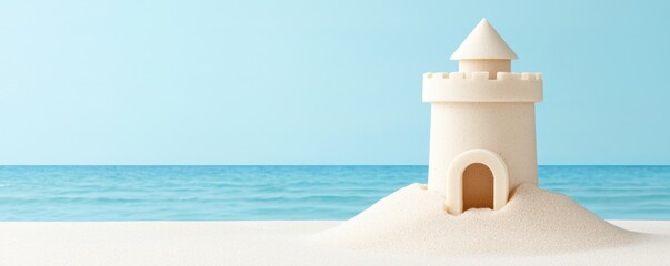 A serene image of a sandcastle by the beach, with gentle waves and a clear blue sky in the background, evoking a sense of relaxation and summer fun.