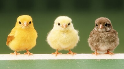 Naklejka premium Three Baby Birds Posing on a Fence, Yellow, Pale Yellow, Brown