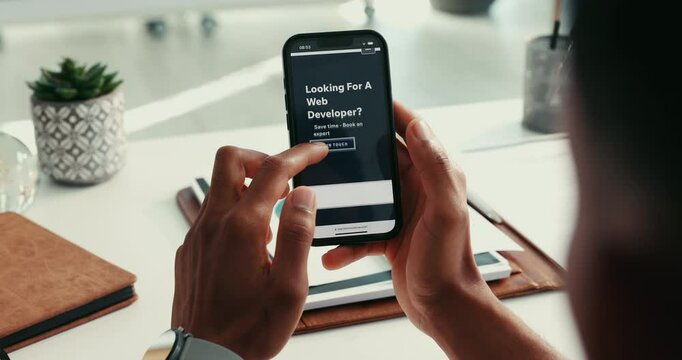 Hands, phone screen and web developer at office with application, search and test launch for ui at agency. Person, smartphone and user experience with design, review and assessment at workplace