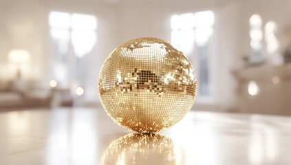 Gold disco ball rests on polished floor, luxury home background, party decor