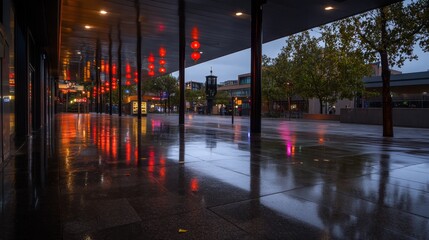 Fototapeta premium A wide-angle shot captures an urban street adorned with red and gold lanterns that reflect beautifully on the wet pavement, celebrating the Mid-Autumn Festival in style