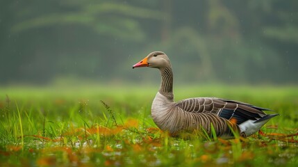 Obraz premium Graceful goose standing amidst lush green grass and soft rain in a tranquil natural setting