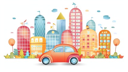 Fototapeta premium A red car driving in front of a colorful city.