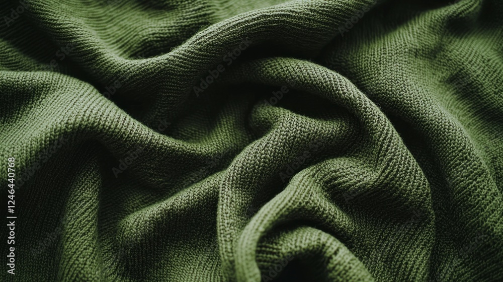 Poster textured green knitted fabric softly cascades, showcasing intricate patterns and inviting warmth, pe