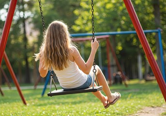 girl on a swing in the playground at summertime