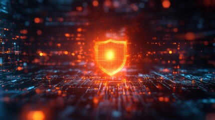 Obraz premium Glowing Security Shield Hovering Over Network Data Background